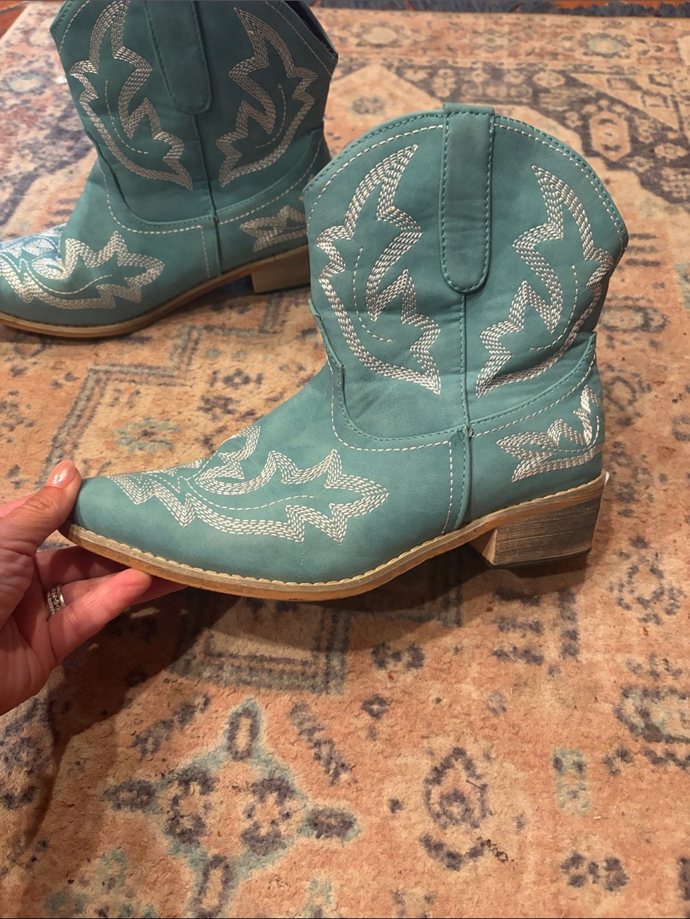 Teal Western Cowboy Boots with white Stitching - Picture 2 of 9